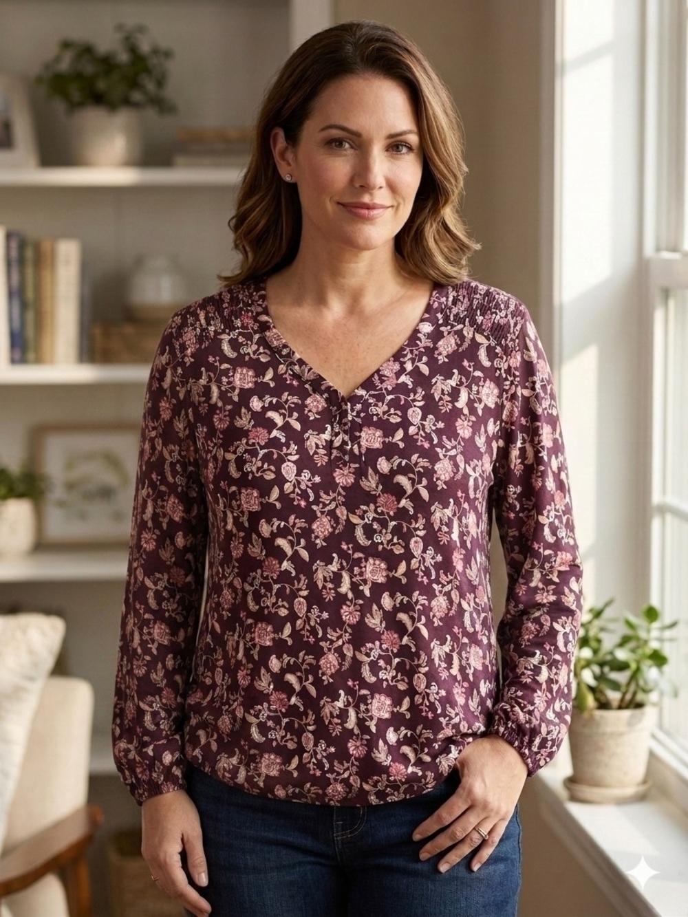 croft & barrow Plum Floral V-Neck Long Sleeve Top - Pink & Cream Print